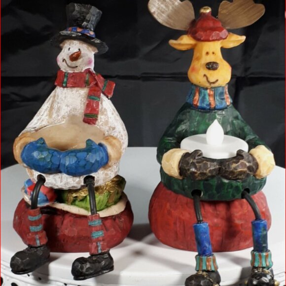 Christmas Decor Whimsical Snowman and Moose Shelf Mantle Tealight Holders - Picture 1 of 4